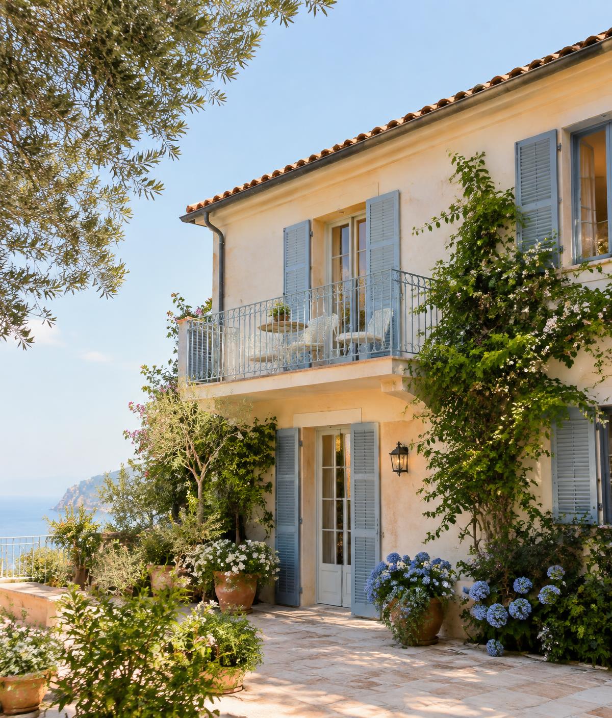 Facciata di una casa sulla Riviera con persiane azzurre